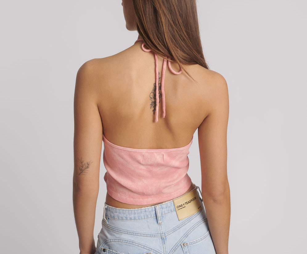 Tie Dye Heart Cropped Halter Neck Top - Pink