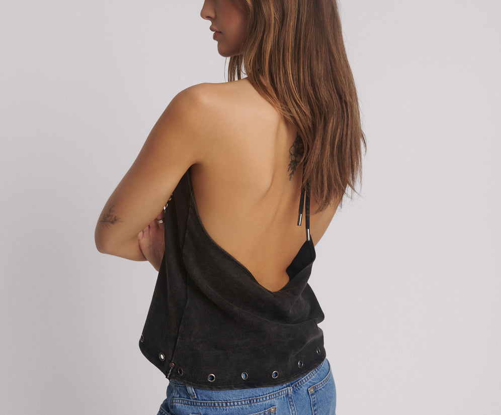 Studded Eagle Acid Wash Halter Top - Black Tobacco