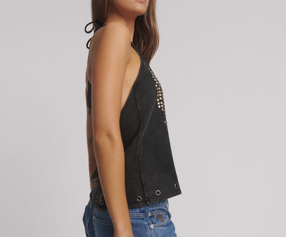 Studded Eagle Acid Wash Halter Top - Black Tobacco